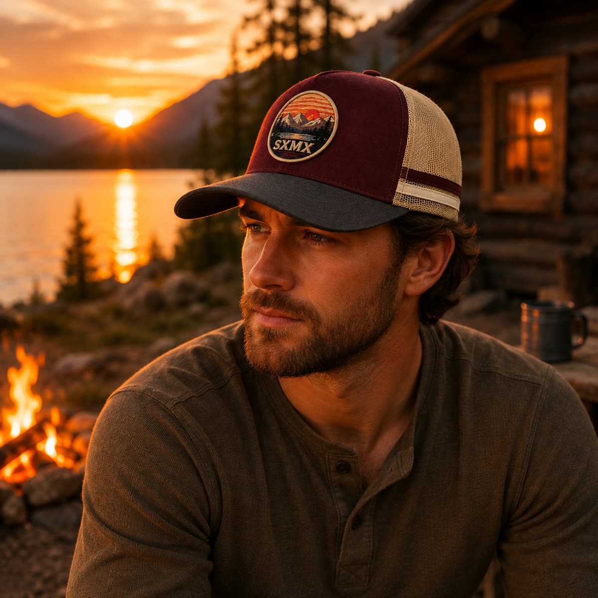 Custom Mountain Hexagon Patch Trucker Cap with Mesh Back on model