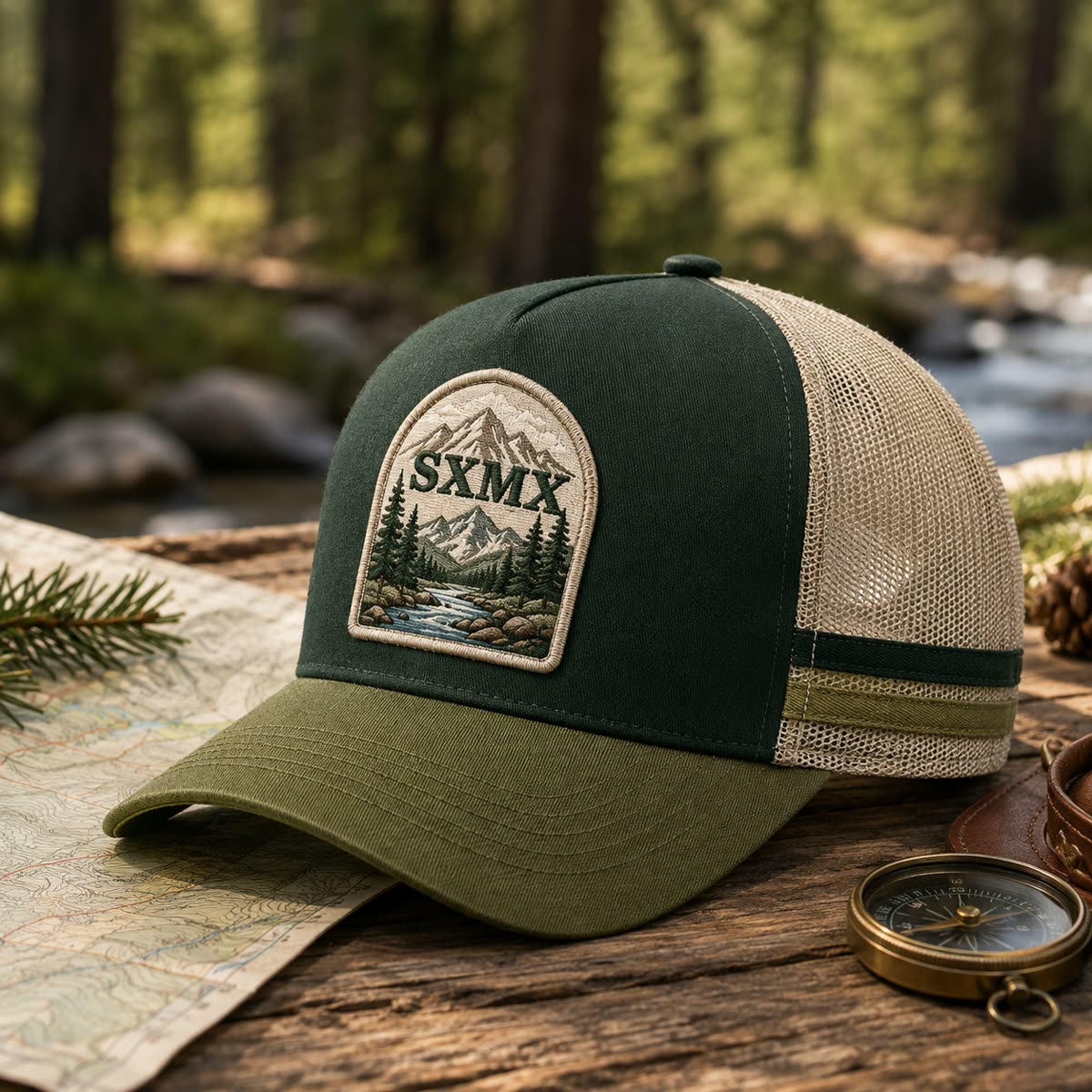 Custom Mountain Hexagon Patch Trucker Cap with Mesh Back scene