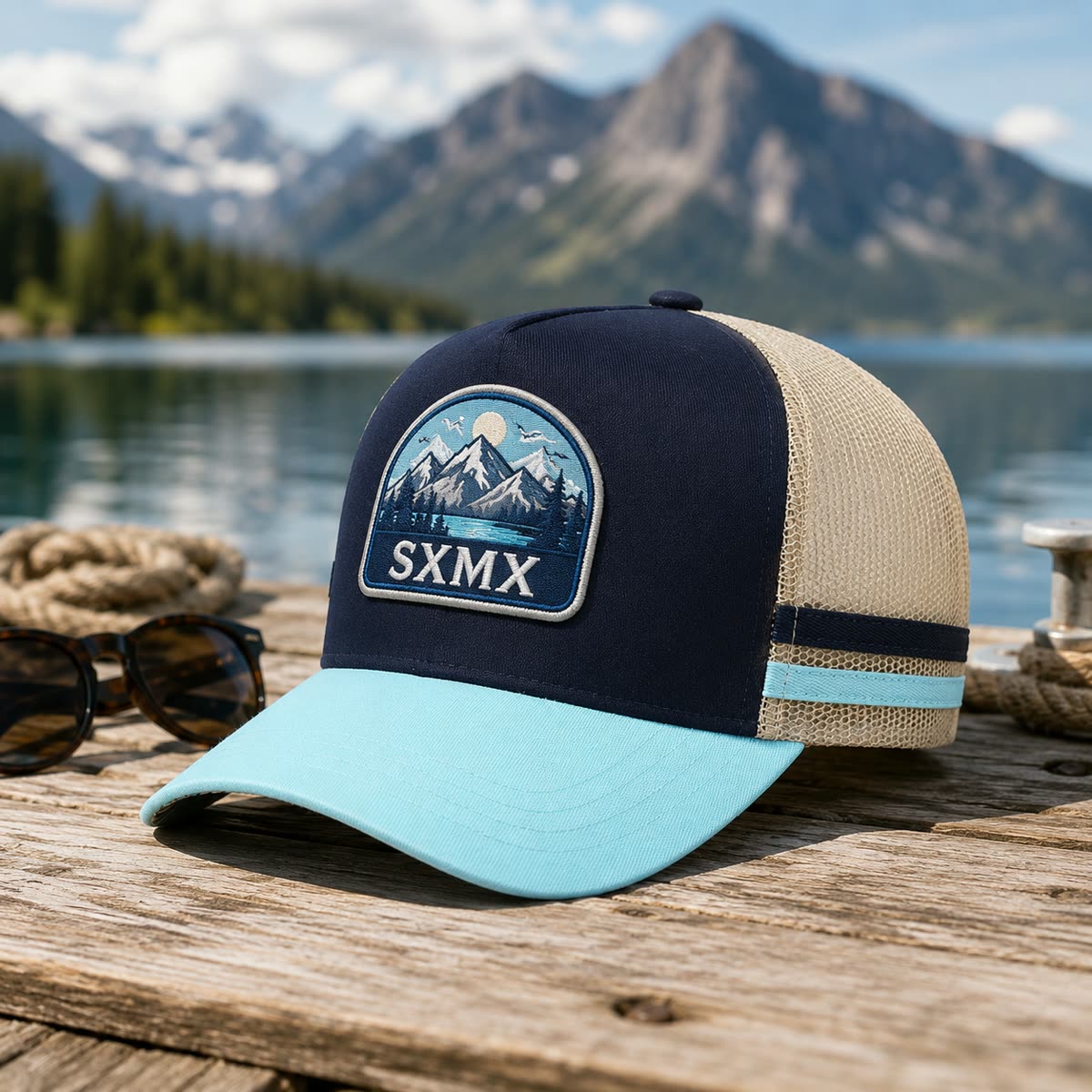 Custom Mountain Hexagon Patch Trucker Cap with Mesh Back scene