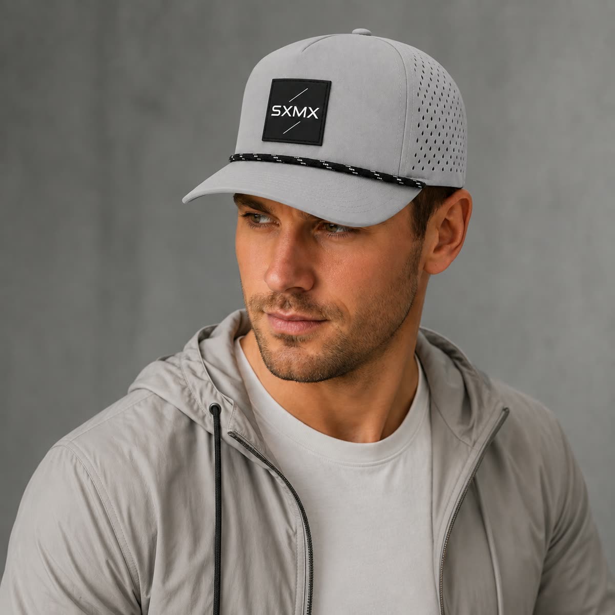 Custom Suede Perforated Camp Cap with Speckled Rope on model