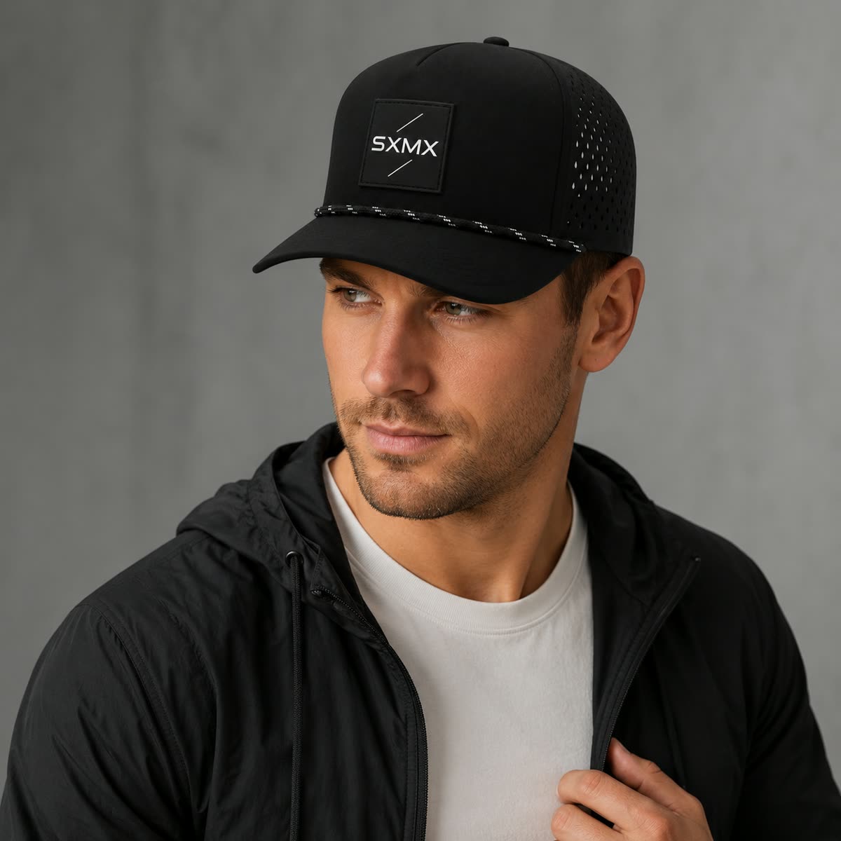Custom Suede Perforated Camp Cap with Speckled Rope on model