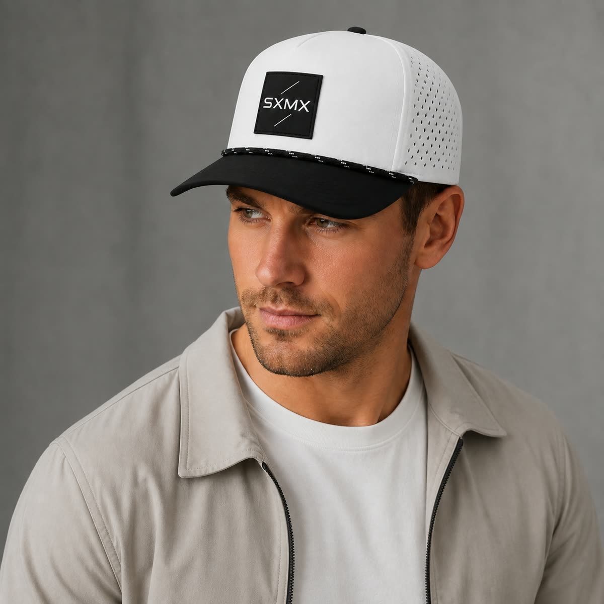 Custom Suede Perforated Camp Cap with Speckled Rope on model