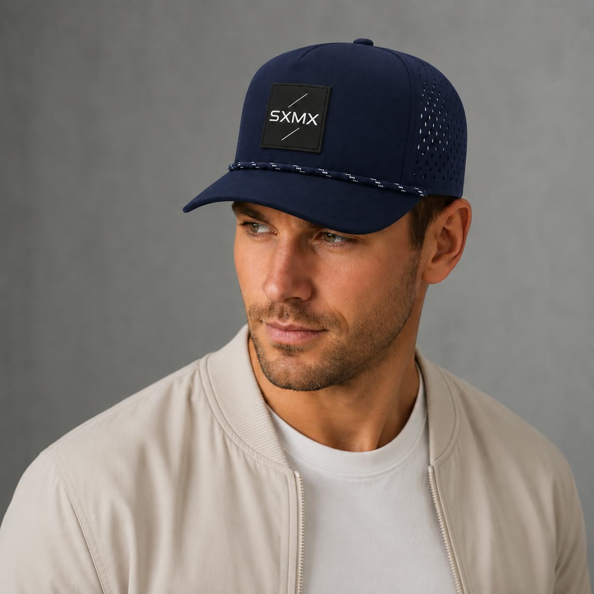 Custom Suede Perforated Camp Cap with Speckled Rope on model