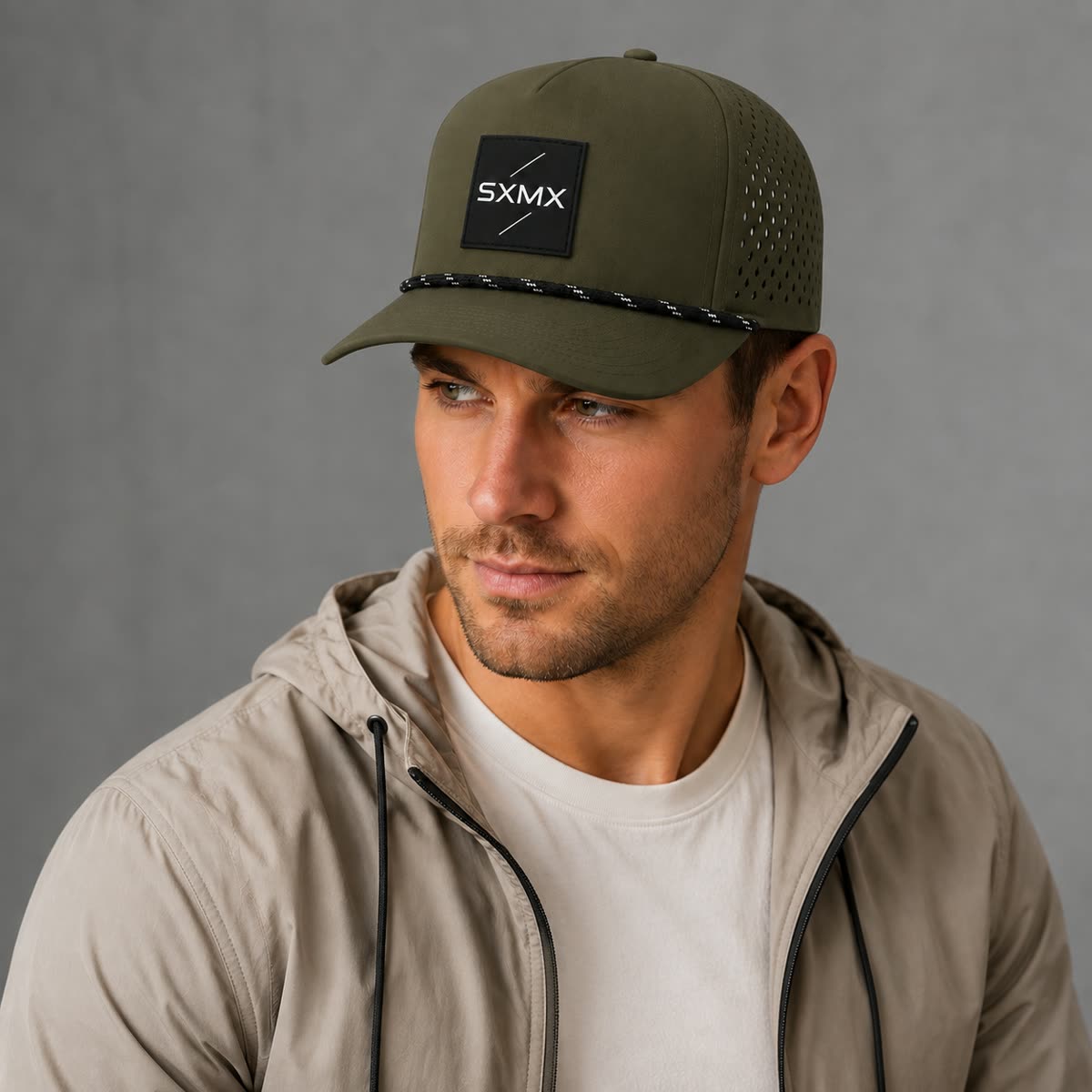 Custom Suede Perforated Camp Cap with Speckled Rope on model
