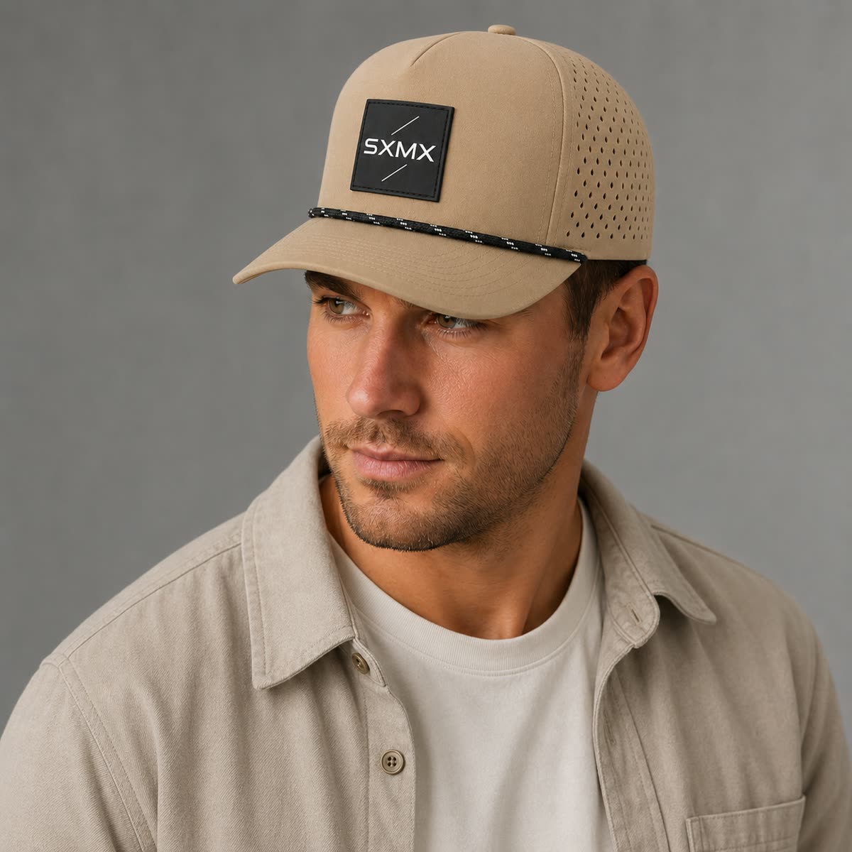 Custom Suede Perforated Camp Cap with Speckled Rope on model