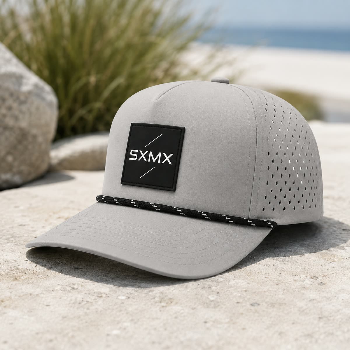 Custom Suede Perforated Camp Cap with Speckled Rope scene