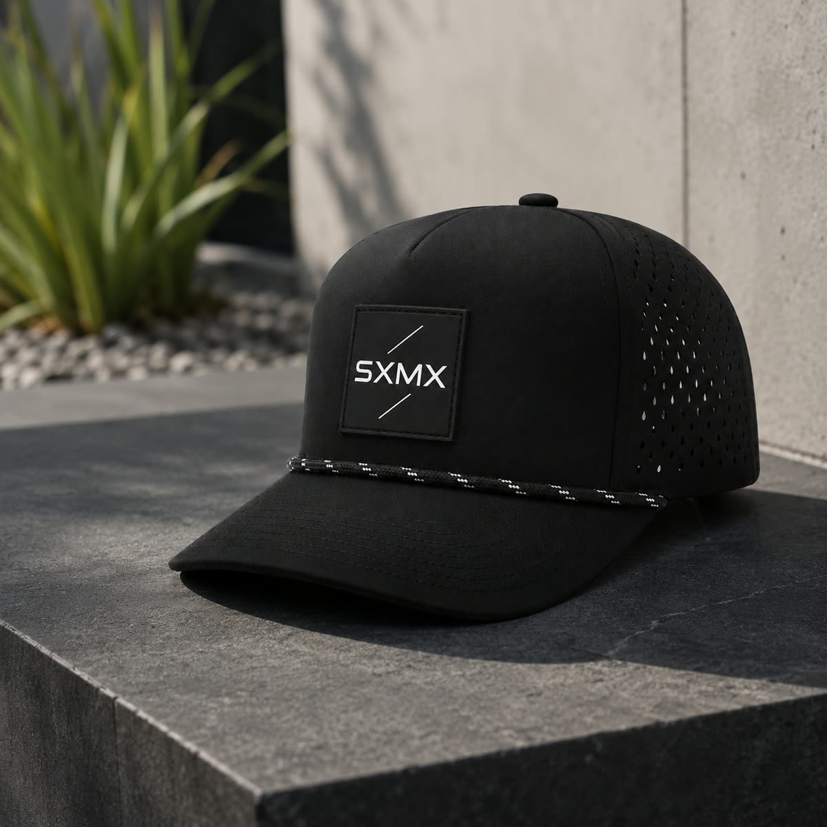 Custom Suede Perforated Camp Cap with Speckled Rope scene