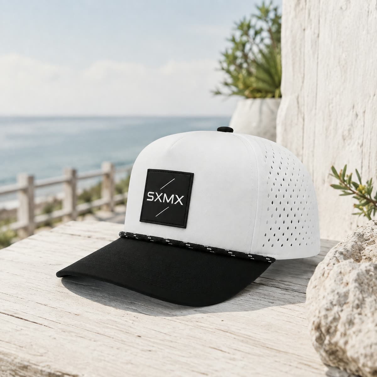 Custom Suede Perforated Camp Cap with Speckled Rope scene