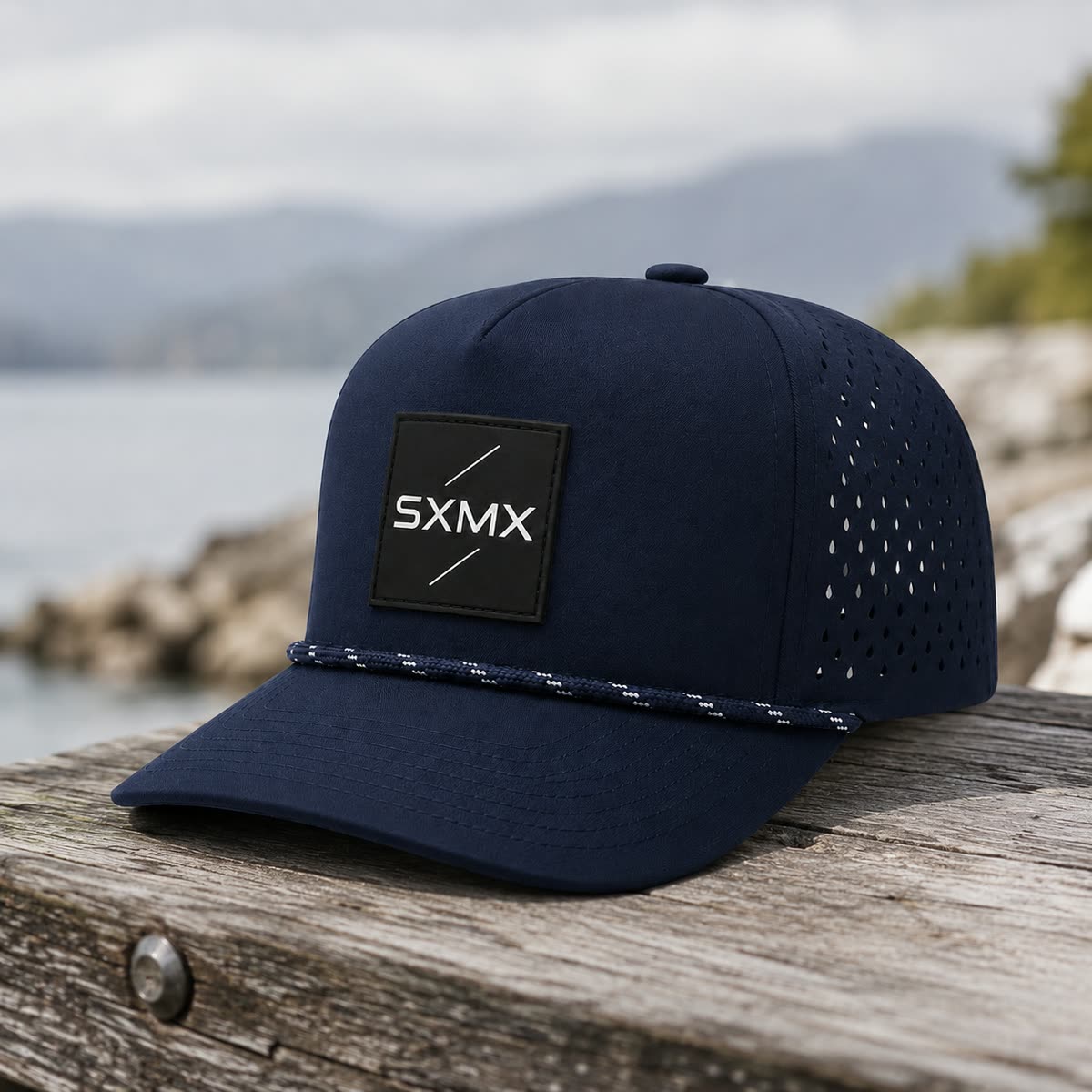 Custom Suede Perforated Camp Cap with Speckled Rope scene