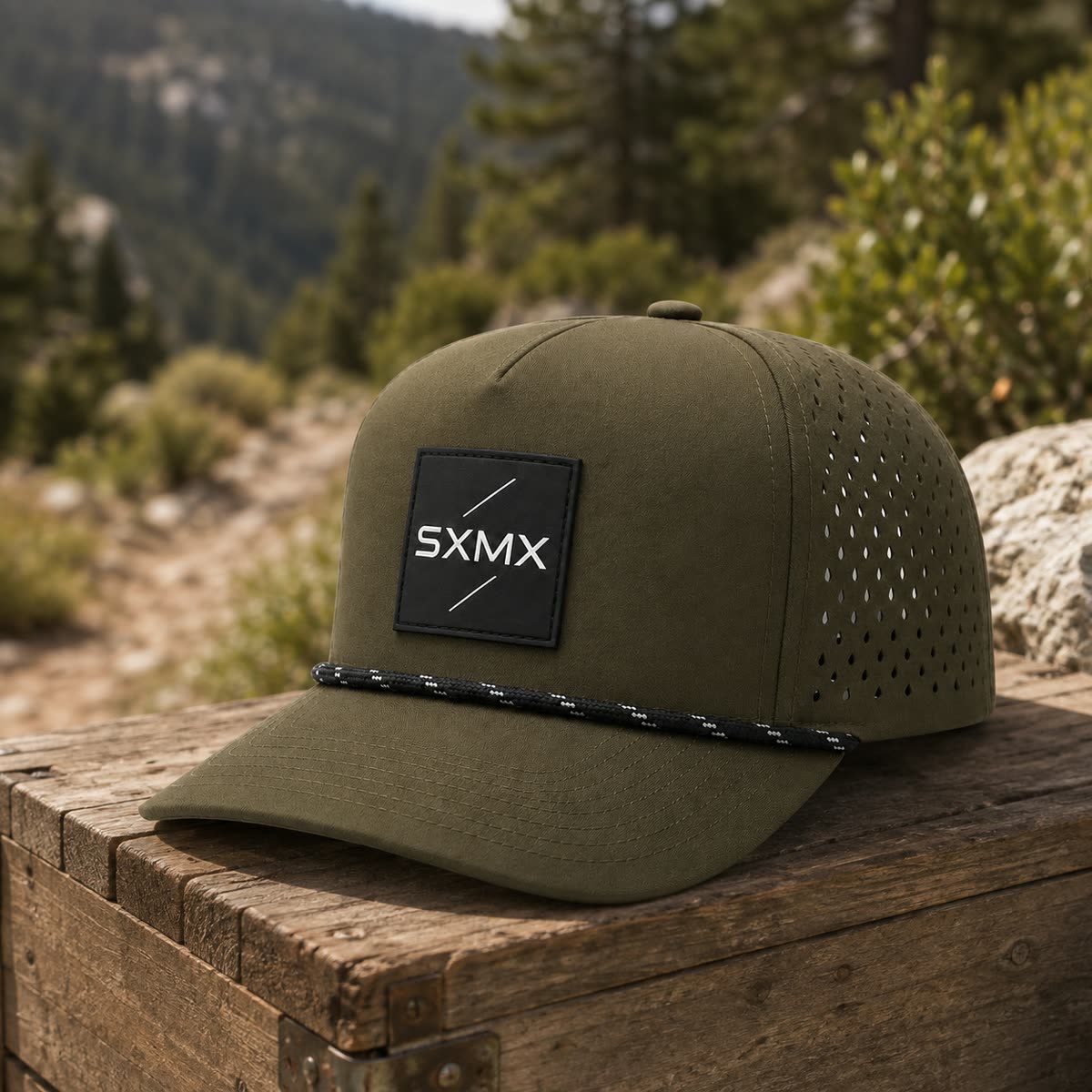 Custom Suede Perforated Camp Cap with Speckled Rope scene