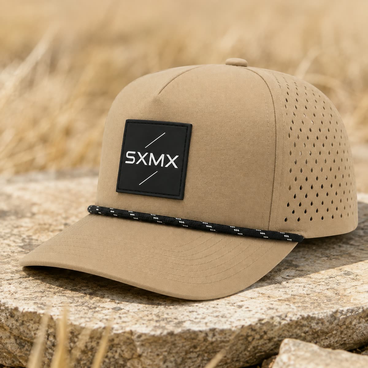 Custom Suede Perforated Camp Cap with Speckled Rope scene