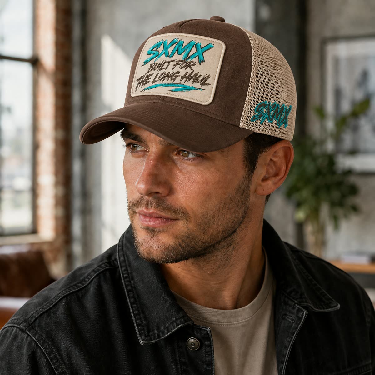 Custom Suede Front Trucker Cap with Teal Patch on model