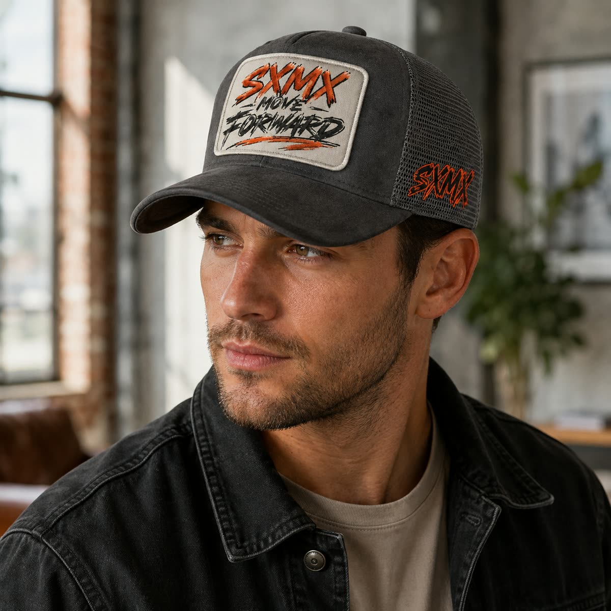 Custom Suede Front Trucker Cap with Teal Patch on model