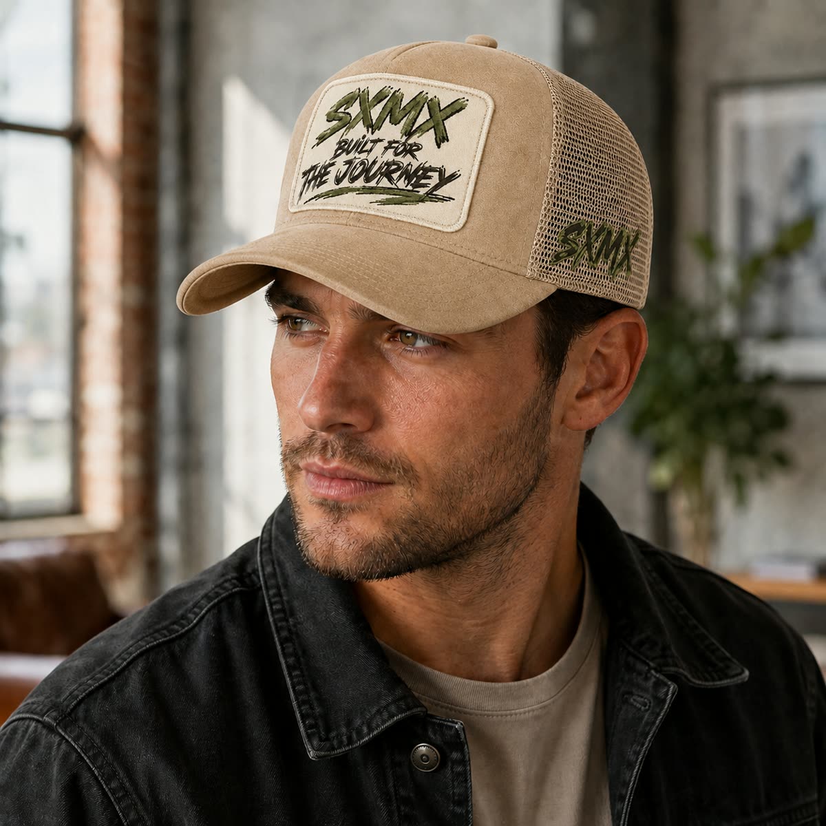 Custom Suede Front Trucker Cap with Teal Patch on model