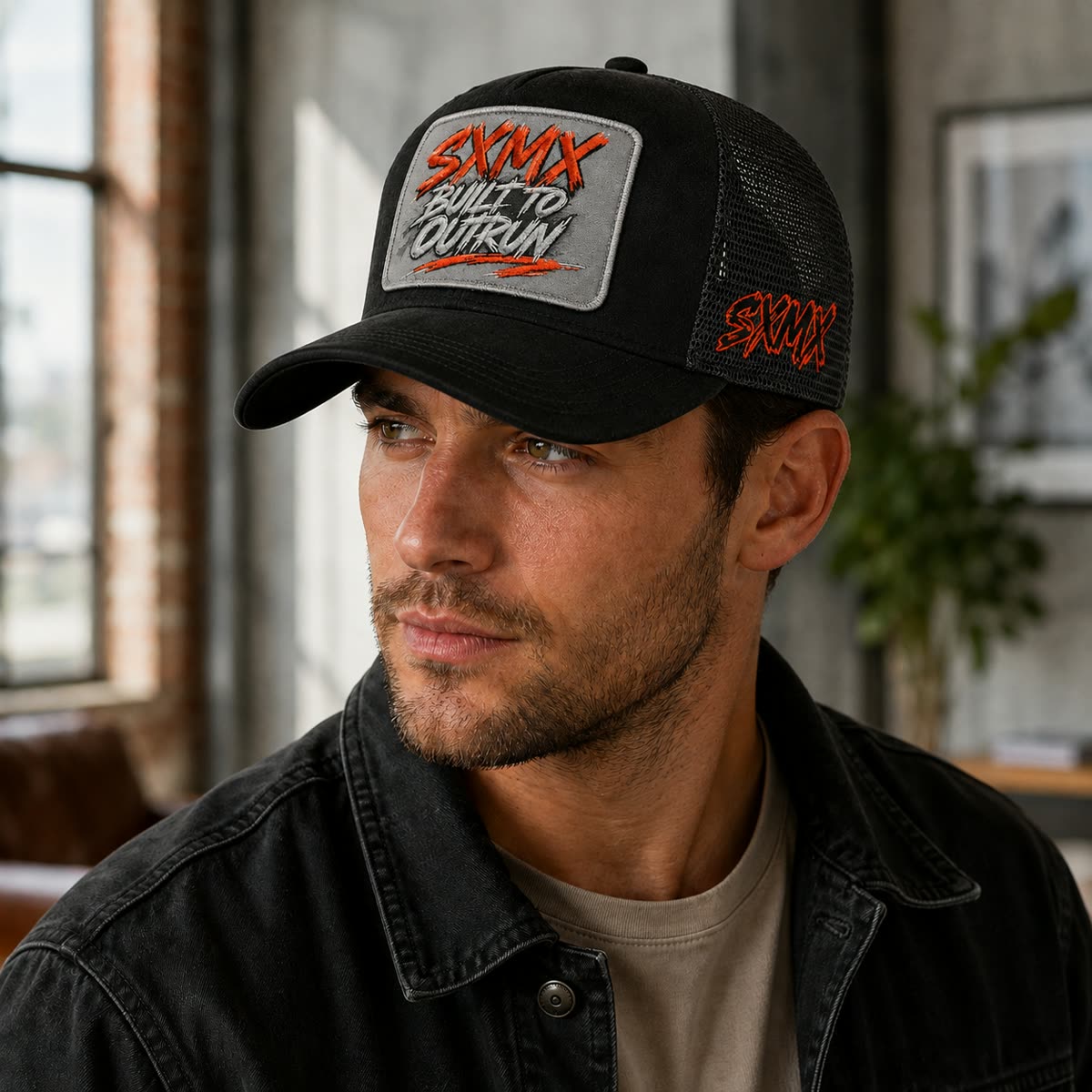Custom Suede Front Trucker Cap with Teal Patch on model