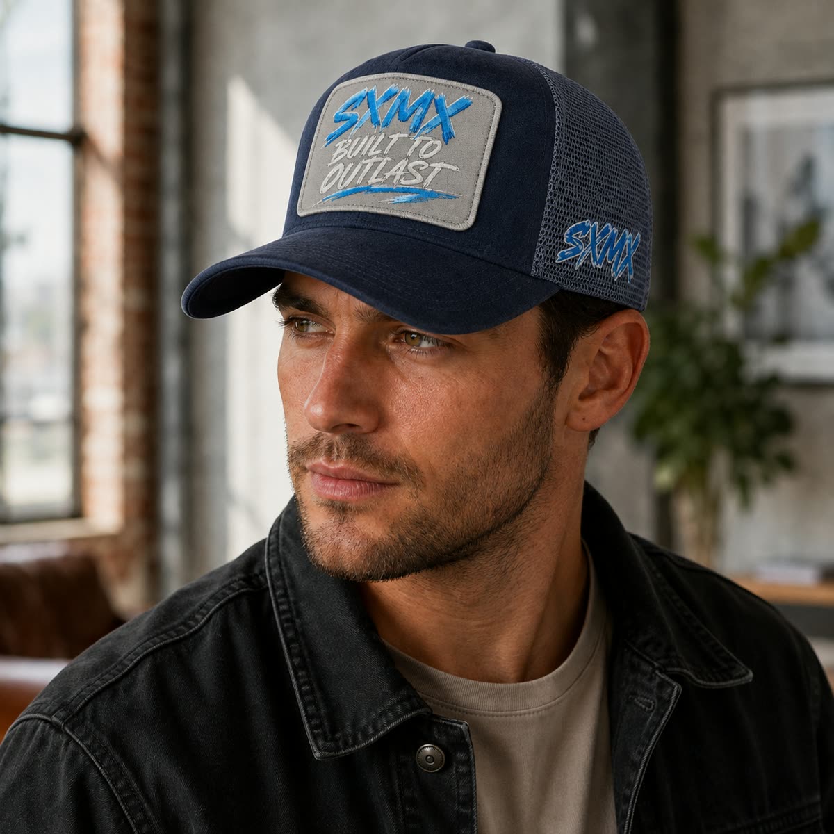 Custom Suede Front Trucker Cap with Teal Patch on model