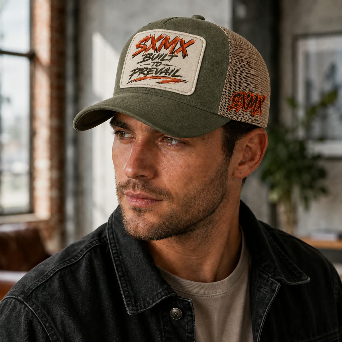 Custom Suede Front Trucker Cap with Teal Patch on model