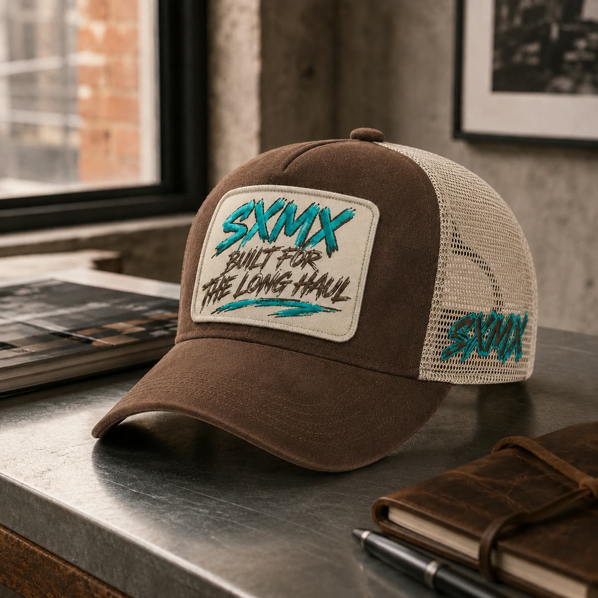 Custom Suede Front Trucker Cap with Teal Patch scene