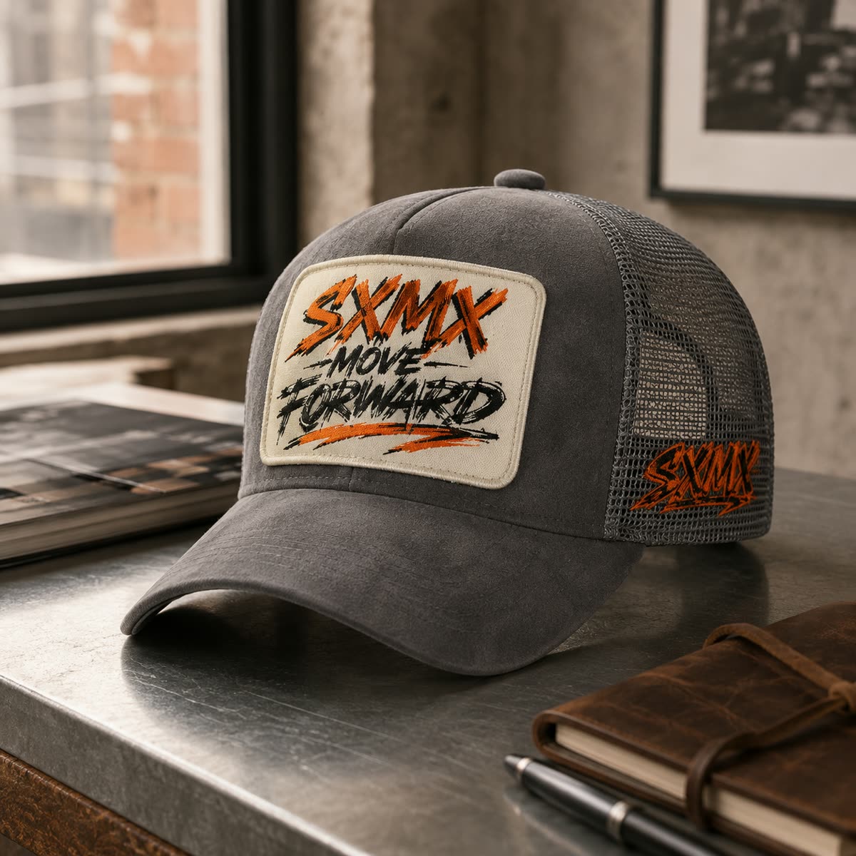 Custom Suede Front Trucker Cap with Teal Patch scene