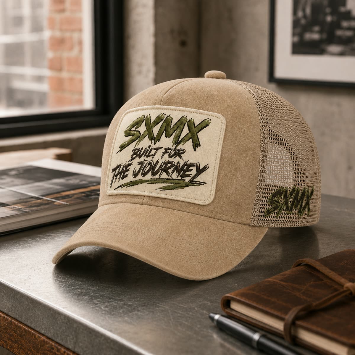 Custom Suede Front Trucker Cap with Teal Patch scene