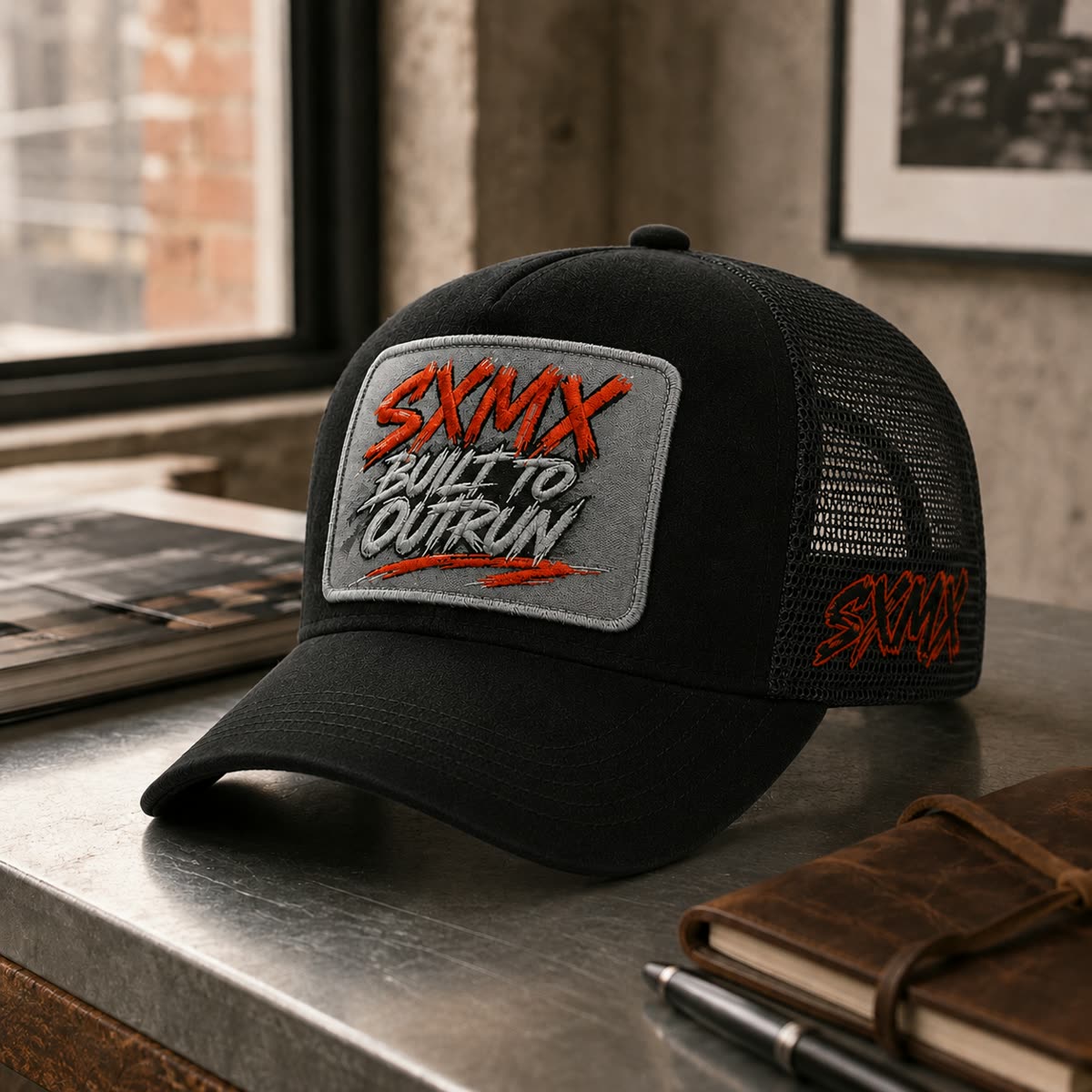 Custom Suede Front Trucker Cap with Teal Patch scene