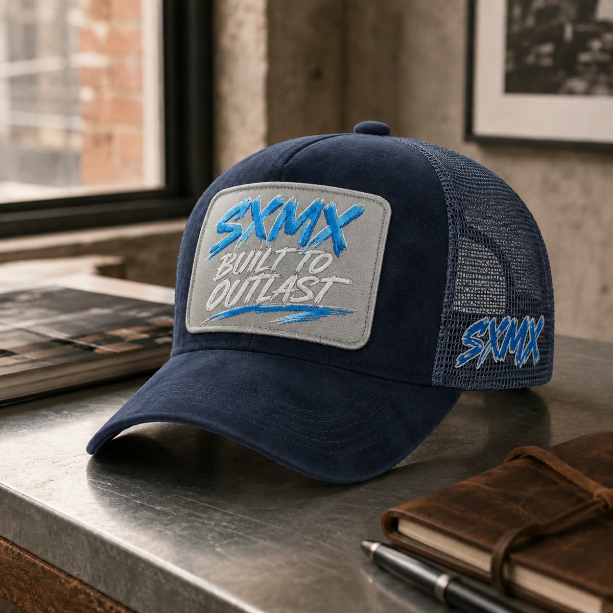 Custom Suede Front Trucker Cap with Teal Patch scene