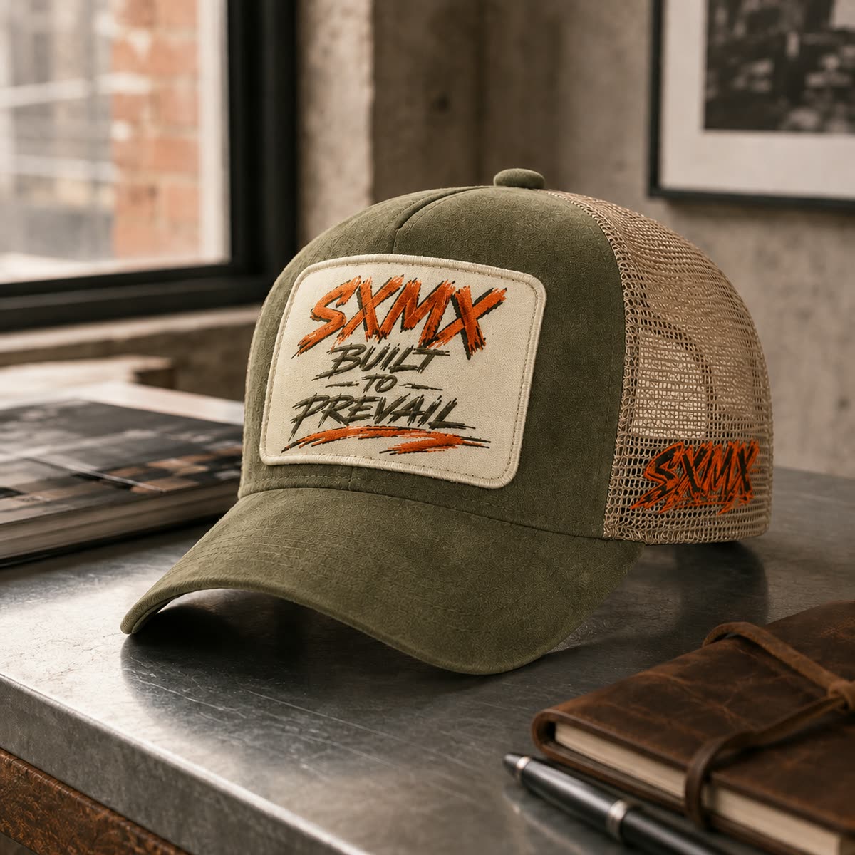 Custom Suede Front Trucker Cap with Teal Patch scene