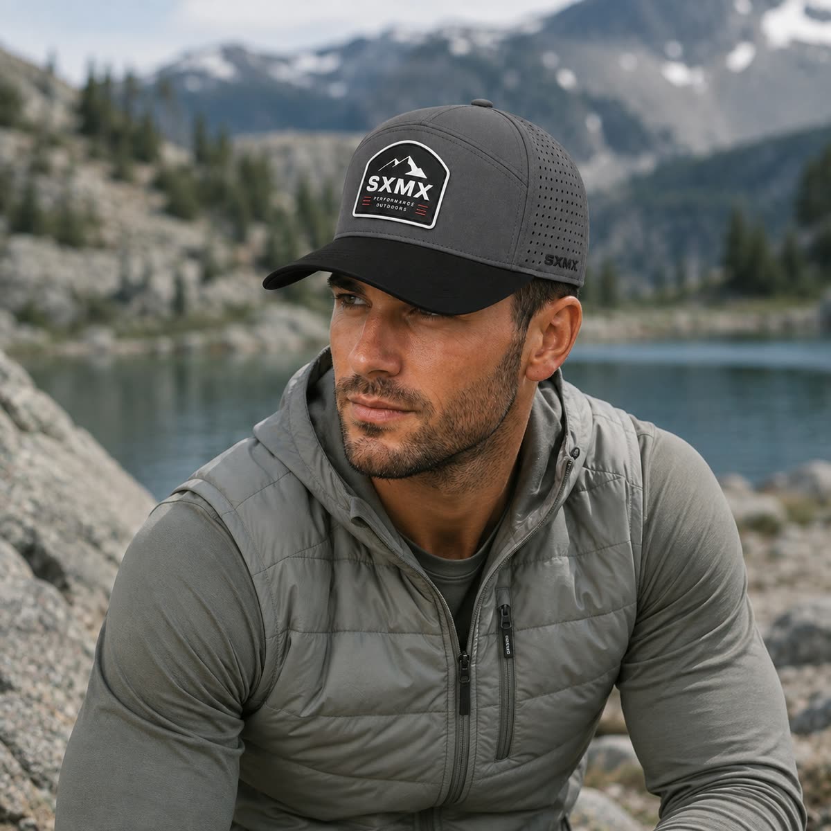 Custom Rubber Mountain Patch Baseball Cap with Perforated Panels on model