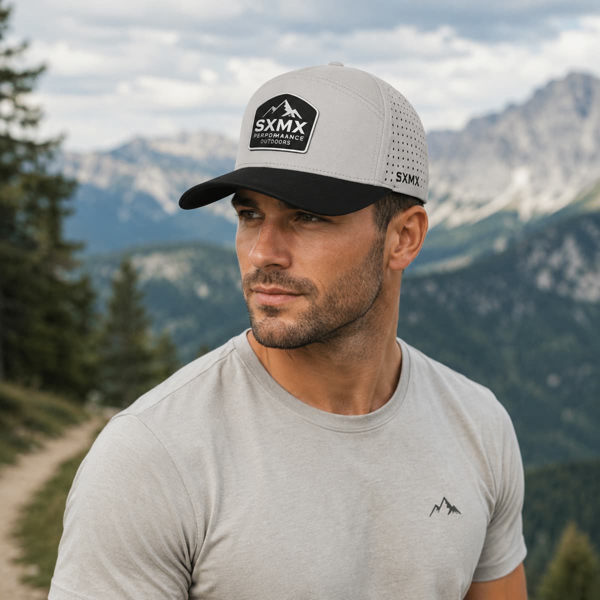 Custom Rubber Mountain Patch Baseball Cap with Perforated Panels on model