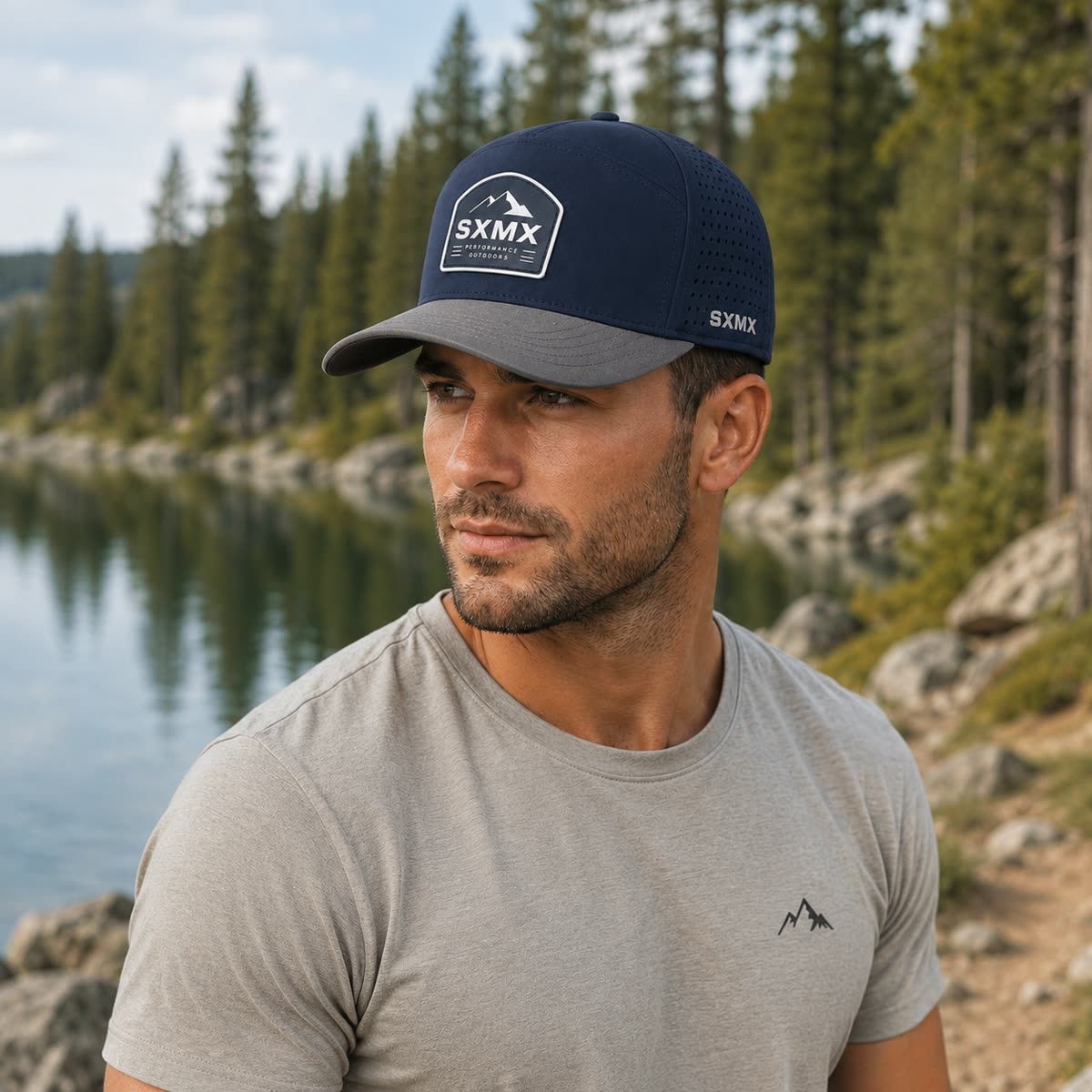 Custom Rubber Mountain Patch Baseball Cap with Perforated Panels on model