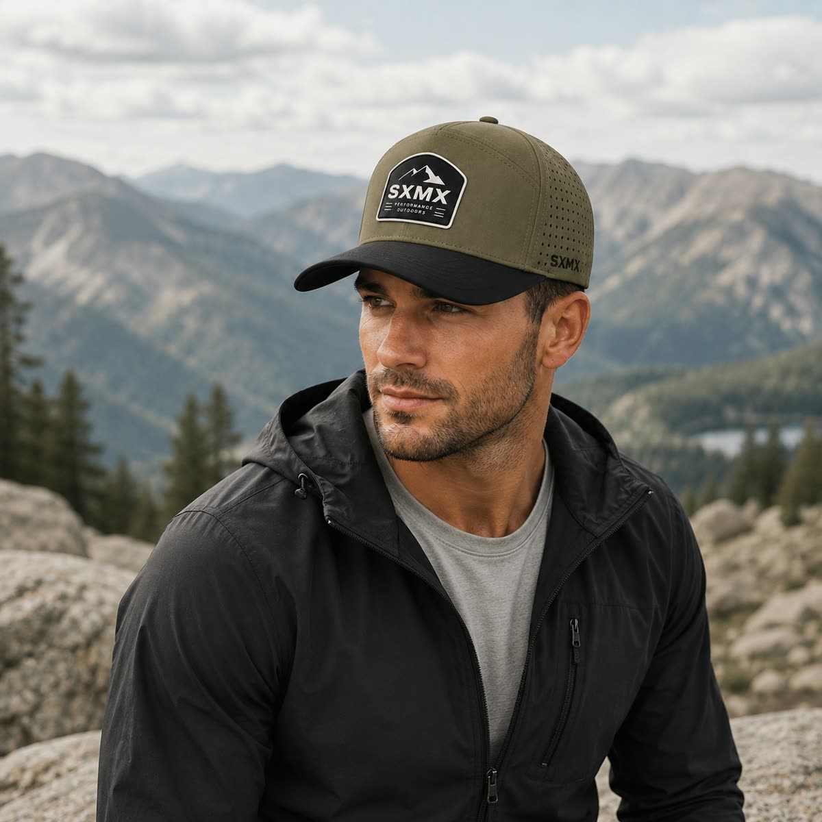 Custom Rubber Mountain Patch Baseball Cap with Perforated Panels on model
