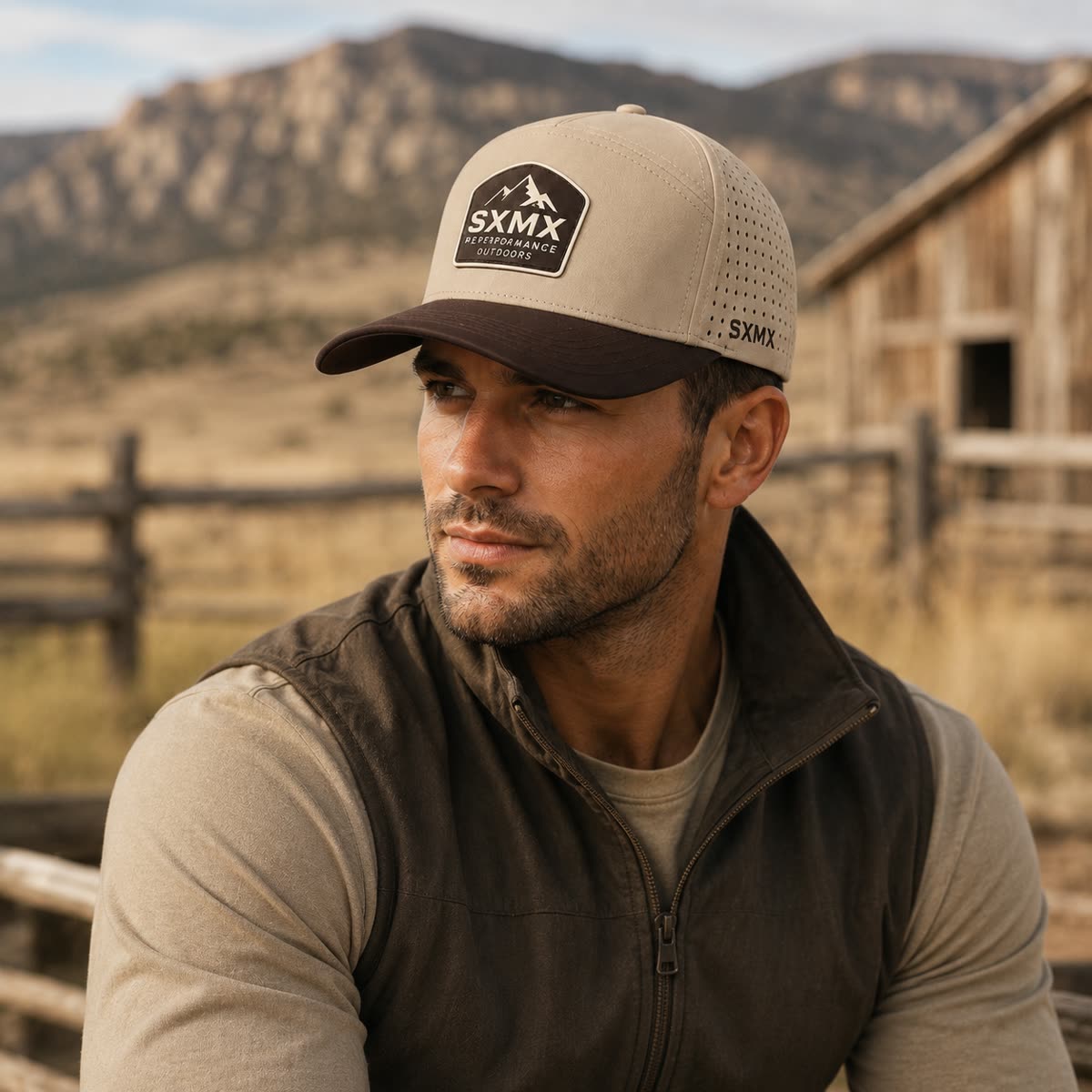 Custom Rubber Mountain Patch Baseball Cap with Perforated Panels on model