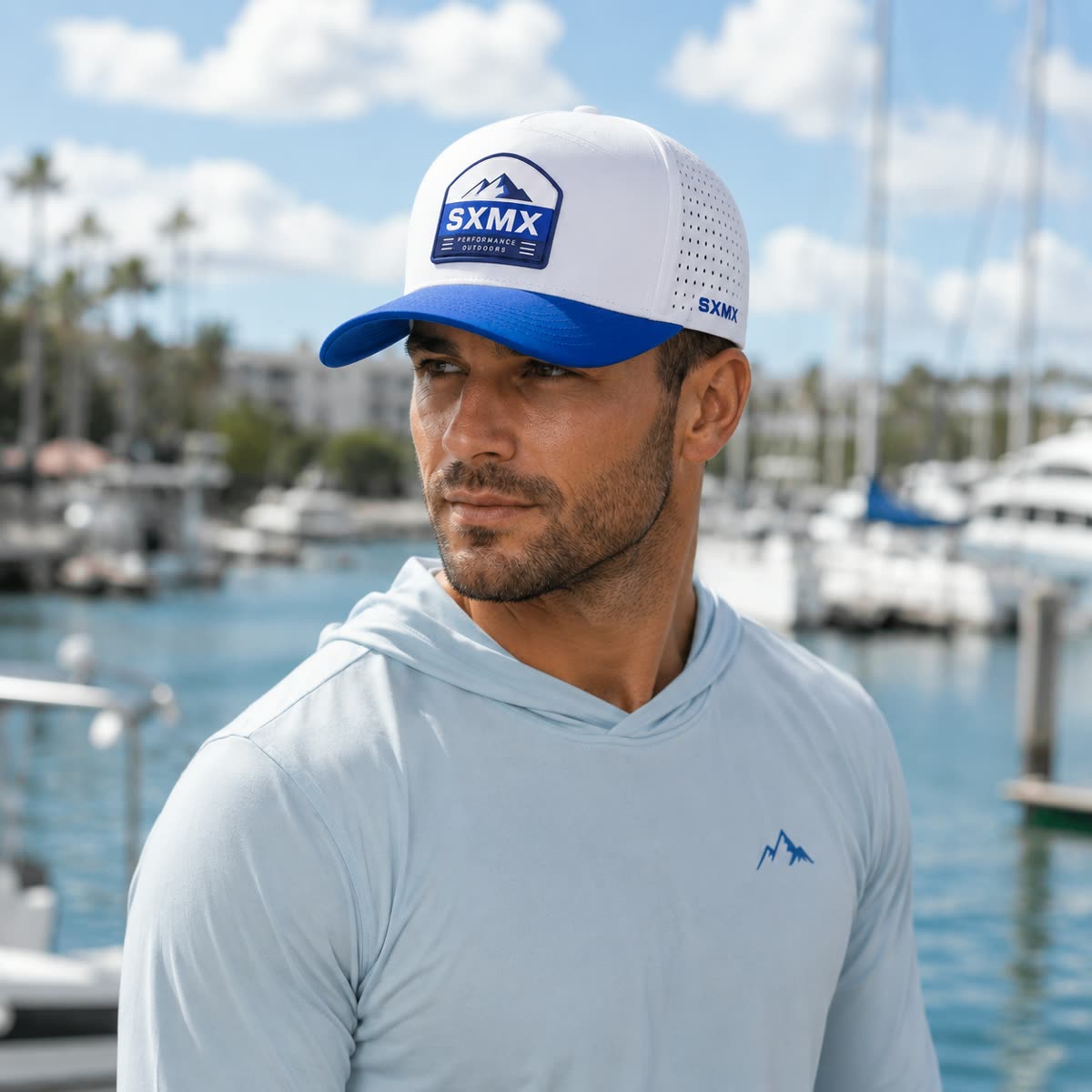 Custom Rubber Mountain Patch Baseball Cap with Perforated Panels on model