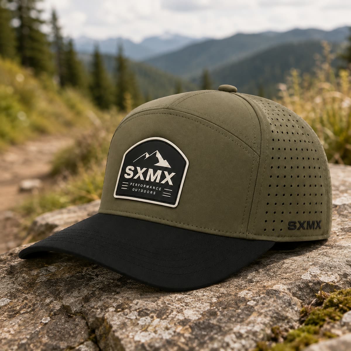 Custom Rubber Mountain Patch Baseball Cap with Perforated Panels scene